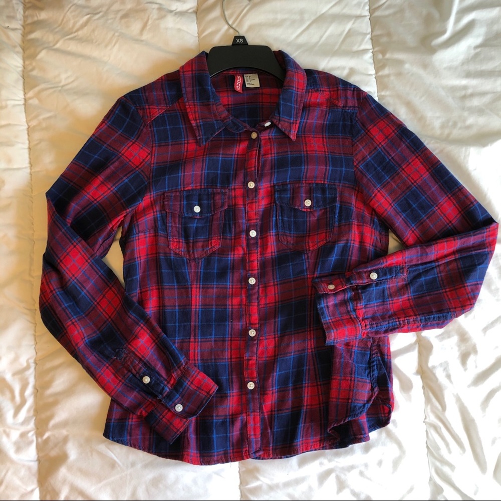H&M Blue and Red Flannel Button Up